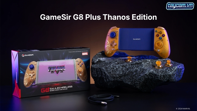 Tay cầm GameSir G8 Plus Thanos Edition với thiết kế tím vàng nổi bật
