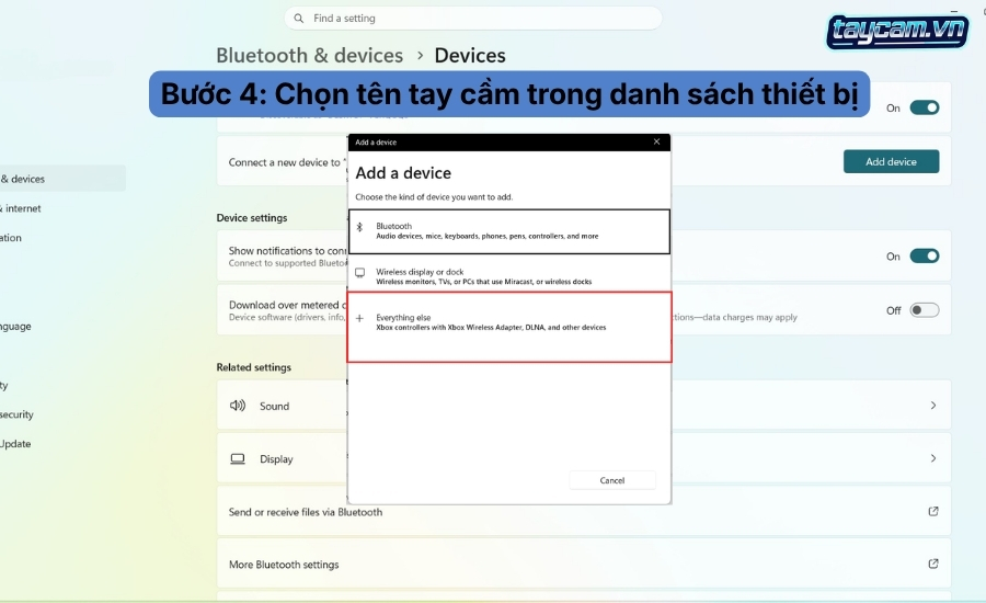 buoc 4 chon ten tay cam trong danh sach thiet bi